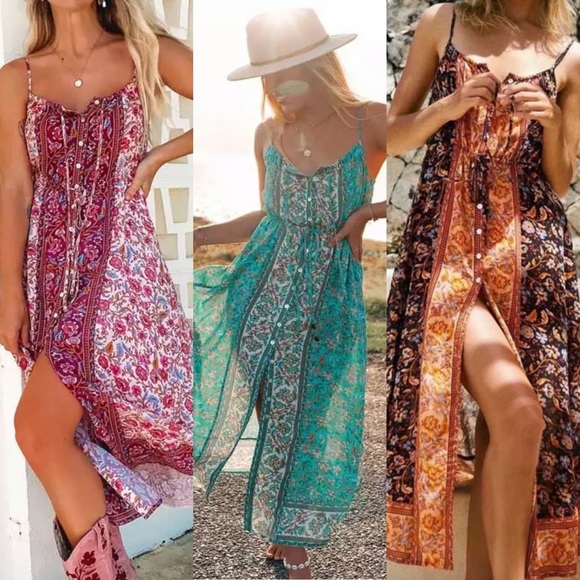 Gypsy Boho Floral Button Up Midi Dress Turquoise - Picture 6 of 7